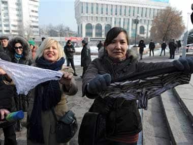 A protest in Ukraine over the proposed underwear trade ban. AP