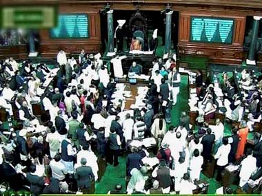 MPs protesting against the Telangana bill today. PTI