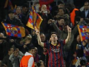 Barcelona's Lionel Messi celebrates after scoring a goal against Manchester City during their Champions League last 16 second leg match. REUTERS