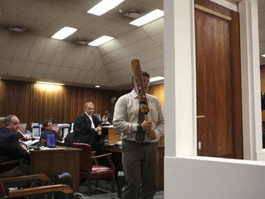 The actual door that Pistorius shot through a year ago was erected in the Pretoria courtroom Wednesday. AP