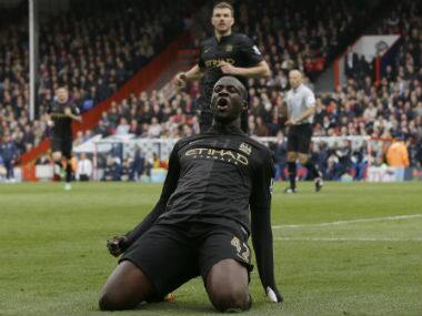 Manchester City&rsquo;s Yaya Toure celebrates after he scored a goal during the English Premier League soccer match between Crystal Palace and Manchester City at Selhurst Park stadium. AP 