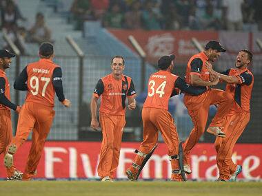 Nethersland players celebrates after running out Tim Bresnan of England during the ICC World Twenty20 Bangladesh 2014 Group 1 match between England and the Netherlands. Getty Images 