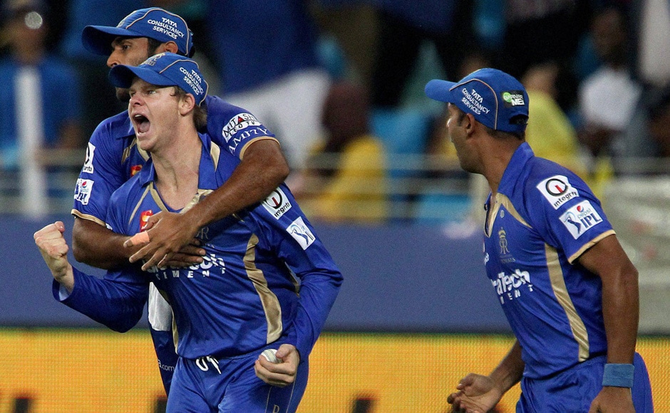 Abhishek Nayar of the Rajatshan Royals, Stuart Binney and Steve Smith celebrate the wicket of Brendon McCullum of The Chennai Super kings during their IPL 7 match in Dubai on Wednesday. PTI Photo/BCCI Abhishek Nayar of the Rajatshan Royals, Stuart Binney and Steve Smith celebrate the wicket of Brendon McCullum of The Chennai Super kings during their IPL 7 match in Dubai on Wednesday. PTI Photo/BCCI
