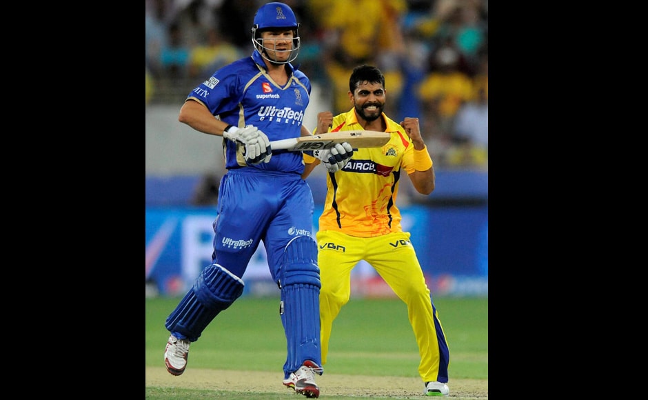Ravindra Jadeja of The Chennai Superkings celebrates the wicket of Shane Watson captain of the Rajatshan Royals during their IPL 7 match in Dubai on Wednesday. PTI Photo/BCCI Ravindra Jadeja of The Chennai Superkings celebrates the wicket of Shane Watson captain of the Rajatshan Royals during their IPL 7 match in Dubai on Wednesday. PTI Photo/BCCI