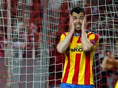 Valencia's Javier Fuego reacts against Sevilla during their Europa League semifinal first leg soccer match. AP