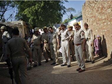 Police patrol near a polling station during the general election, in Parla village in Muzaffarnagar district in UP. Reuters