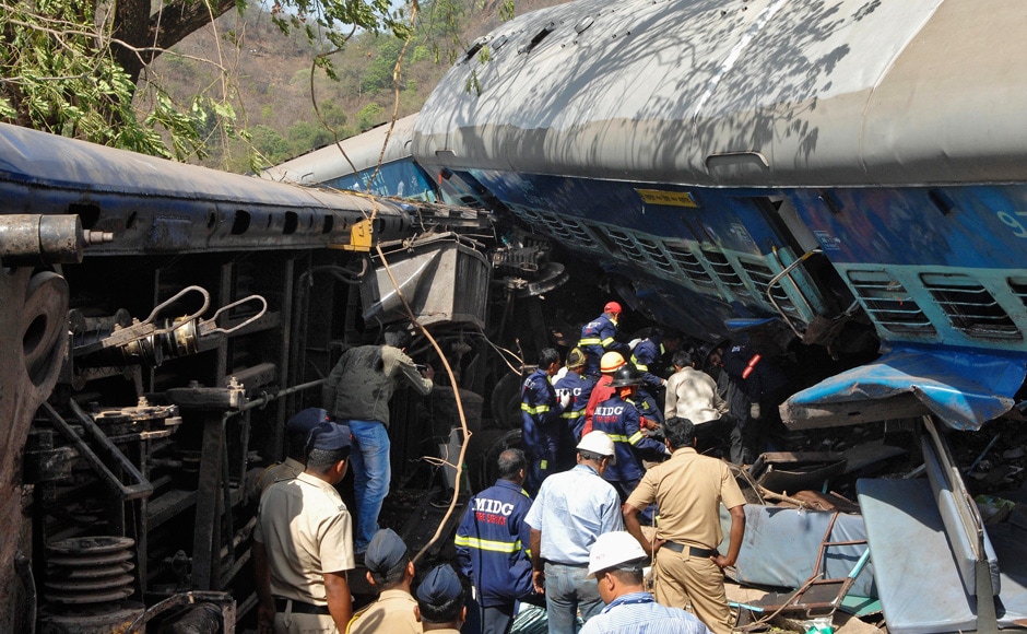 Rescuers search for survivors from the debris of the Diva-Sawantwadi passenger train after it derailed near Nagothane in Maharashtra on Sunday. The death toll has climbed to 21. Four bogies of the passenger train derailed. Reuters Rescuers search for survivors from the debris of the Diva-Sawantwadi passenger train after it derailed near Nagothane in Maharashtra on Sunday. The death toll has climbed to 21. Four bogies of the passenger train derailed. Reuters
