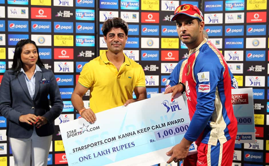 Yuvraj Singh of the Royal Challengers Banglore won the Starsports.com Kanna Keep Calm award during match 38 of the Pepsi Indian Premier League Season 2014 between the Royal Challengers Bangalore and the Delhi Daredevils held at the M. Chinnaswamy Stadium, Bangalore, India on the 13th May 2014Photo by Prashant Bhoot / IPL / SPORTZPICS