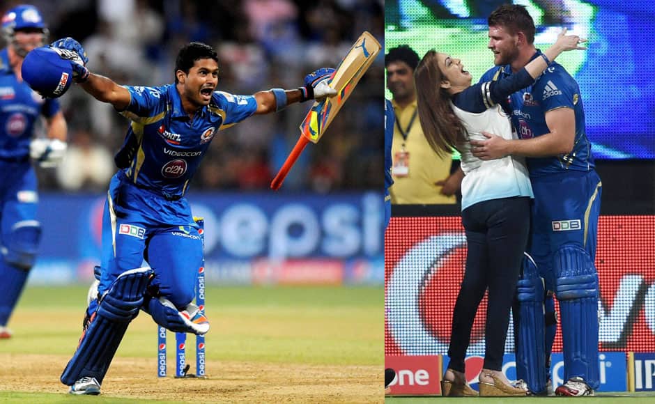 ditya Tare of the Mumbai Indians celebrates after hitting the winning six. Mumbai Indians owner Neeta Ambani greets Corey Anderson after the victroy during an IPL 7 against Rajasthan Royals in Mumbai on Sunday. PTI 