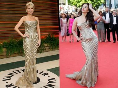 On the left: Kristin Chenoweth arrives at the 2014 Vanity Fair Oscars Party. On the right: Aishwarya Rai strikes a pose for the shutterbugs at Cannes Film Festival. Reuters 