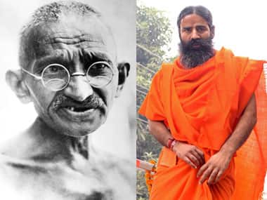 Combination picture of Mahatma Gandhi and Baba Ramdev.