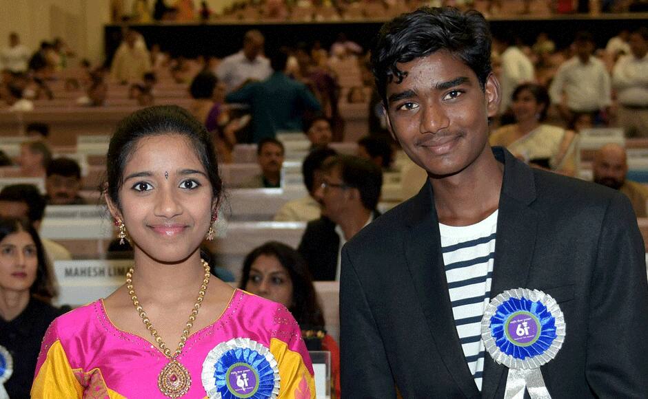 Best Child Artisits award winners Sadhana and Somnath Avghade at the 61st National Film Awards 2013 function in New Delhi on Saturday. PTI