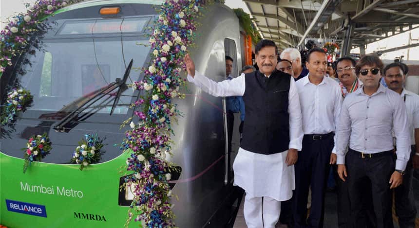 Maharashtra Chief Minister Prithviraj Chavan inaugurates Mumbai's first Metro starting from Versova station towards Ghatkopar station, in the presence of Anil and Teena Ambani on Sunday. PTI