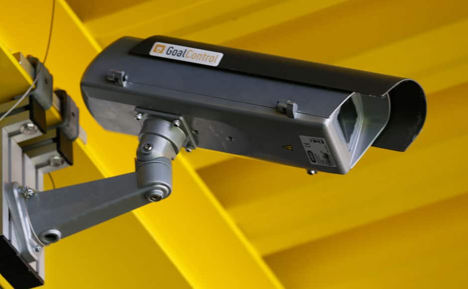 General view of a GoalControl goal line technology (GLT) high-speed camera at the Tivoli stadium during a demonstration of the GLT in the western German city of Aachen May 28, 2014. German firm GoalControl has been appointed by FIFA as the official provider for the goal-line technology at the upcoming 2014 soccer World Cup in Brazil. GoalControl uses 14 high-speed cameras around the pitch as part of its GoalControl-4D system, which are fixed in elevated positions around each goalmouth. The ball's position is continuously captured in three dimensions - X, Y and Z coordinates. All the cameras are linked to a computer processing system, which filters out players, the referee and any other objects. Only the ball remains, with its position precise to a few millimetres in the coordinate system of the pitch, according to the GoalControl website. The watch will be worn by referees and will display the word 