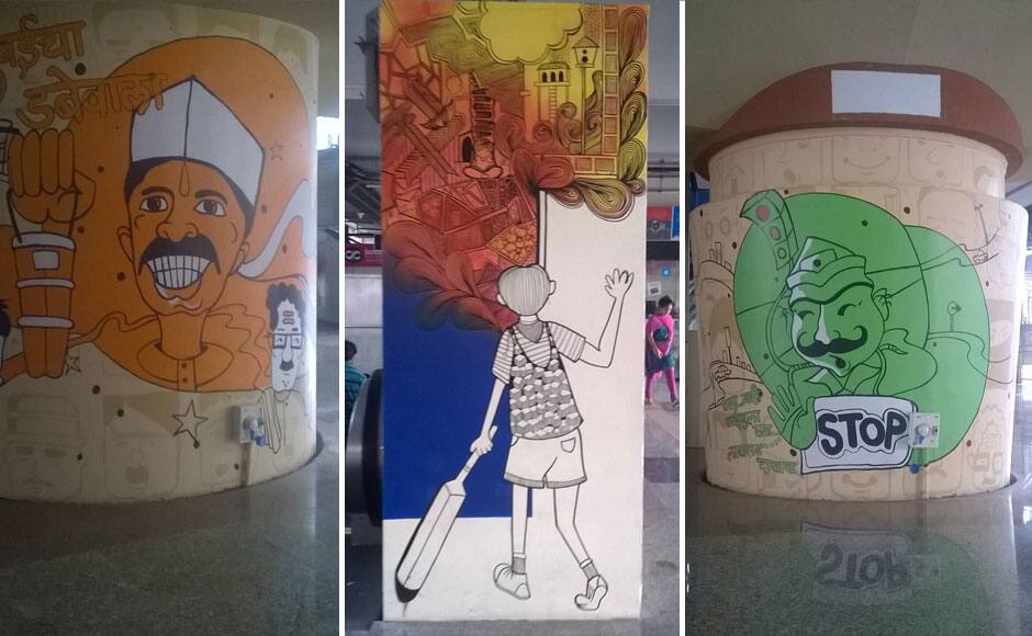 (1) Mumbai’s indispensable Dabbawala’s captured at the Azad Nagar Station. (2) Mumbai has been beautifully represented as the city of colors by the students as seen from this mural at the Andheri Station Exit. (3) Mumbai’s traffic policemen at the Azad Nagar Station