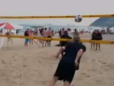 Arsene Wenger pulls off a flying header in a beach soccer game. Youtube grab