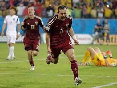 Russia's Alexander Kerzhakov celebrates after scoring his side's first goal. AP