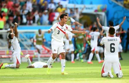 Costa Rica players are jubilant after beating Italy. Getty Images