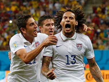 Jermaine Jones of the U.S. celebrates with Alejandro Bedoya (11) after scoring against Portugal. Reuters