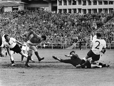 Just Fontaine scores at the 1958 World Cup. AFP