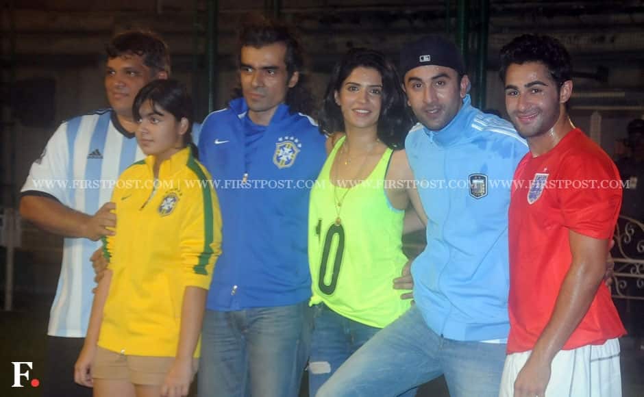 Ranbir Kapoor and Imtiaz Ali pose with Deeksha Seth and Armaan Jain at a friendly football match organised to promote their upcoming film, Lekar Hum Deewana Dil. 