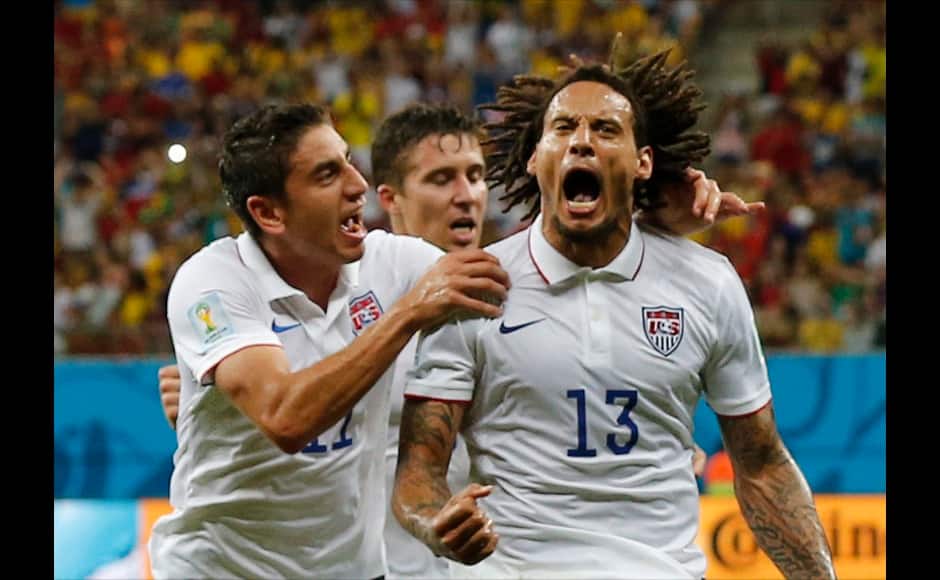 Jermaine Jones of the U.S. celebrates with Alejandro Bedoya (11) after scoring a goal during the 2014 World Cup G soccer match between Portugal and the U.S. at the Amazonia arena in Manaus June 22, 2014. REUTERS