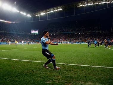 Uruguay's Luis Suarez celebrates after scoring his team's second goal against England. Reuters