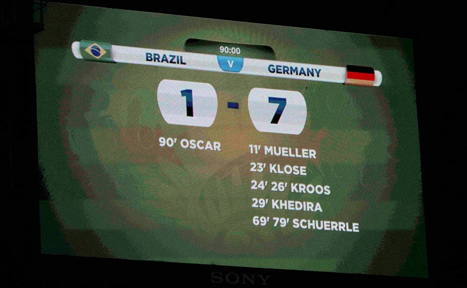 A general view of the scoreboard shows the results at the end of the 2014 World Cup semi-finals between Brazil and Germany at the Mineirao stadium in Belo Horizonte July 8, 2014. REUTERS