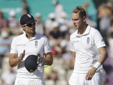 Alastair Cook and Stuart Broad during the match. AP