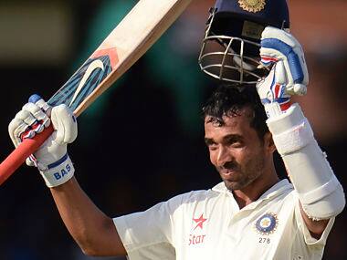 India's Ajinkya Rahane celebrates reaching his century. Reuters