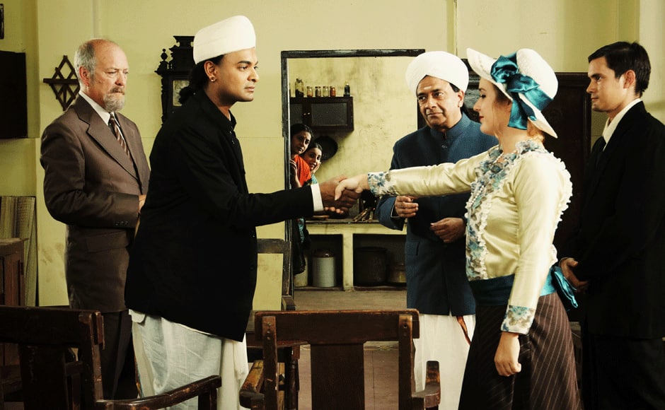 Actor Richard Walsh as Sir Francis Spring, Abhinay Vaddi as Ramanujan, YGM as Narayana Iyer, Suhasini as Komalatammal and Bhama as Janaki seen at Ramanujan's house in Madras. A still from Ramanujan. 