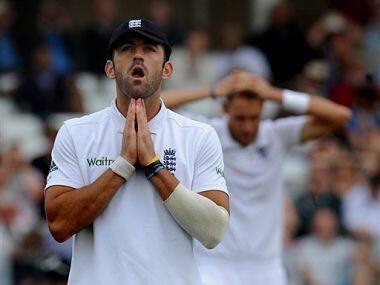 England's Liam Plunkett reacts during day five of the first Test. AP