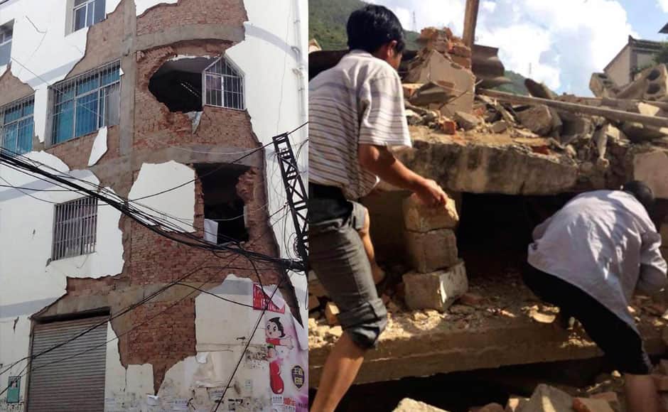 (L) A building is damaged after an earthquake hit Ludian county, Yunnan province August 3, 2014. (R) People look for survivors buried under debris after an earthquake hit Ludian county, Yunnan province August 3, 2014. A magnitude 6.5 earthquake struck southwestern China on Sunday, killing at least 150 people in a remote mountainous area of Yunnan province, causing some buildings, including a school, to collapse, Xinhua News Agency reported. REUTERS