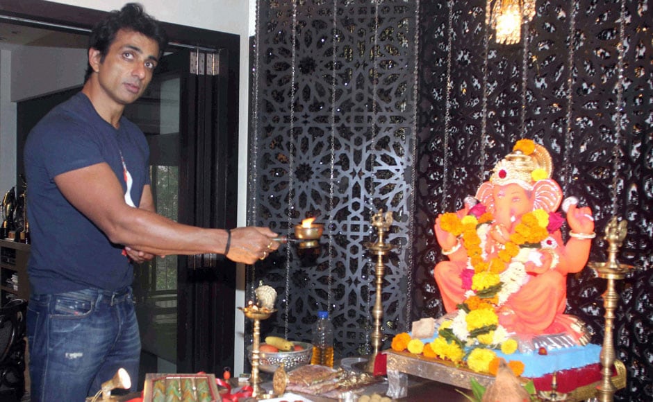 Mumbai: Bollywood actor Sonu Sood offers prayers to a Ganesh idol at his residence on the occasion of Ganesh Chaturthi, in Mumbai on Friday. PTI