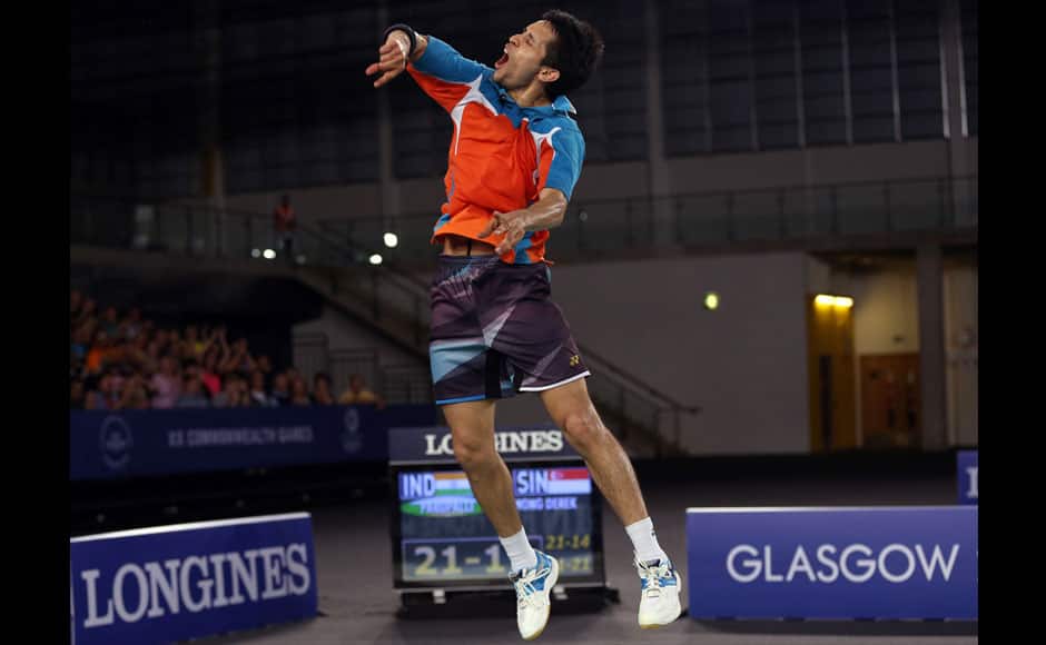 India’s Kashyap Parupalli celebrates his victory over  Singapore’s Derek Wong at the end of their men’s single’s Badminton match at the Emirates Arena during the Commonwealth Games Glasgow 2014, in Glasgow, Scotland, Sunday, Aug. 3, 2014. AP