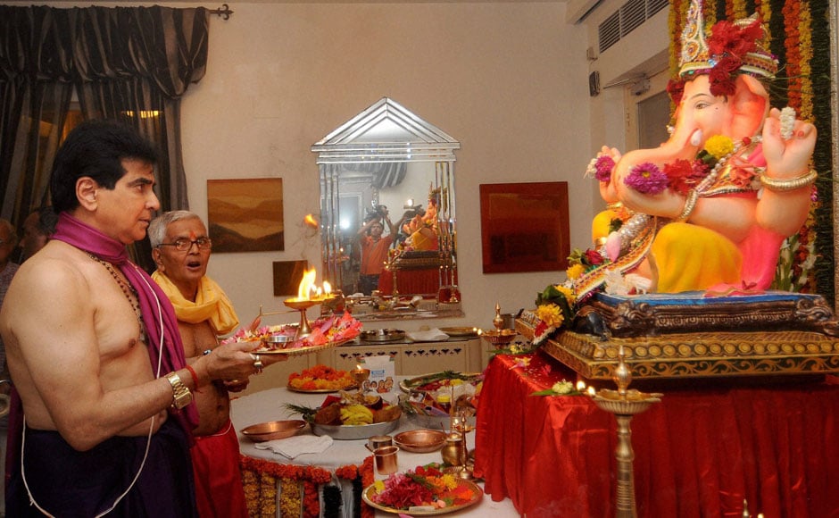 Mumbai: Bollywood actor Jeetendra offers prayers to a Ganesh idol at his residence on the occasion of Ganesh Chaturthi, in Mumbai on Friday. PTI