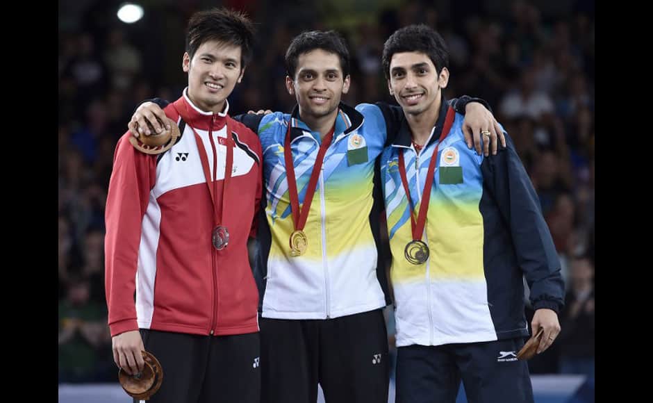 Gold medalist India’s Kashyap Parupalli (C), silver medalist Singapore’s Derek Wong (L) and bronze medalist India’s R V Gurusaidutt pose for a picture after the award ceremony following the men’s singles badminton finals at the Emirates Arena during the 2014 Commonwealth Games in Glasgow, Scotland, on August 3, 2014. Parupalli won 21-14, 11-21, 21-19. AFP 