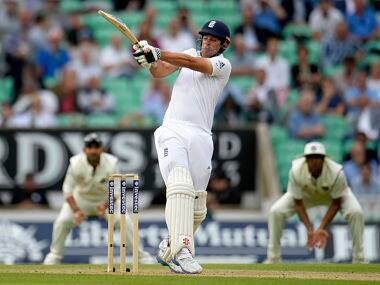 Alastair Cook hits out during the first day of the fifth cricket test match against India at the Oval. Reuters