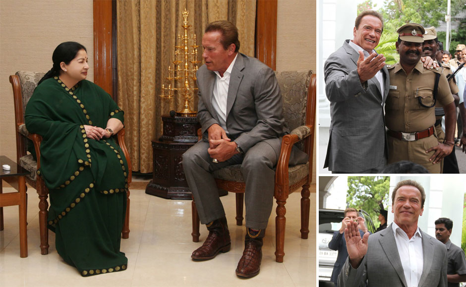 He'll be back: Arnold Schwarzenegger visits Jaya, a gym and Surya in Chennai He'll be back: Arnold Schwarzenegger visits Jaya, a gym and Surya in Chennai