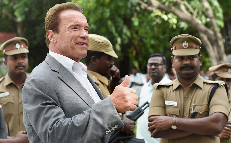 Chennai: Hollywood star Arnold Schwarzenegger after meeting Tamil Nadu Chief Minister J Jayalalithaa at Secretariat in Chennai on Monday. PTI