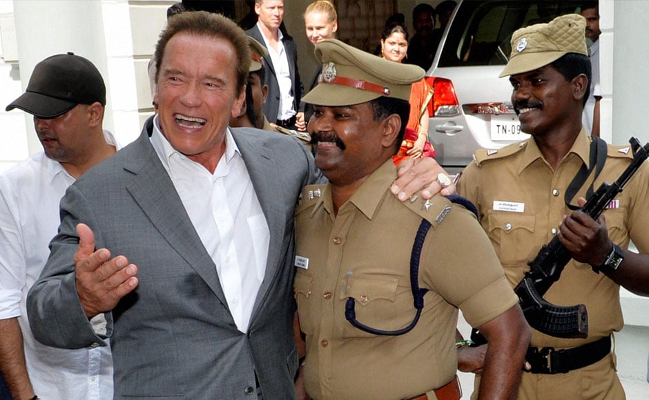 Chennai: Hollywood star Arnold Schwarzenegger after meeting with Tamil Nadu Chief Minister J Jayalalithaa at Secretariat in Chennai on Monday. He was here for Audio launch of the Tamil movie. PTI 