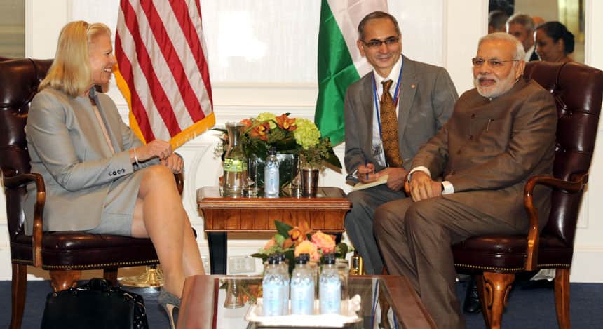The Chairman, President and Chief Executive Officer of IBM, Mrs. Ginni Rometty meeting the Prime Minister, Shri Narendra Modi, in New York on September 29, 2014. PIB