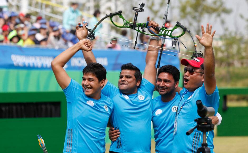 India were ahead 171-169 after the 3rd set. S Korea faltered in the fourth and final set as a horrid 7 from one of the team members virtually sealed the win for India. Abhishek Verma, Raijat Chauhan, Sandeep Kumar go wild in celebrations along with their coach after winning the compound men's team gold medal archery match. AP