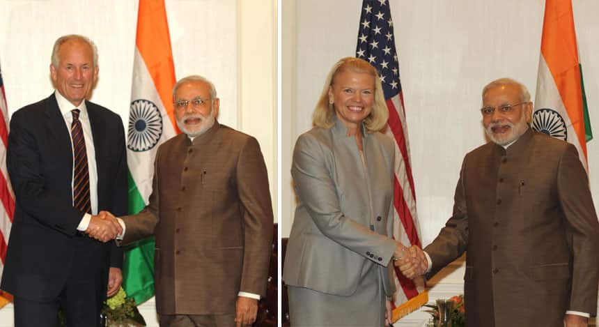 (L) The CEO of Boeing, Mr. James McNerney meeting the Prime Minister, Shri Narendra Modi (R) The Chairman, President and Chief Executive Officer of IBM, Mrs. Ginni Rometty meeting the Prime Minister, Shri Narendra Modi, in New York on September 29, 2014. PIB