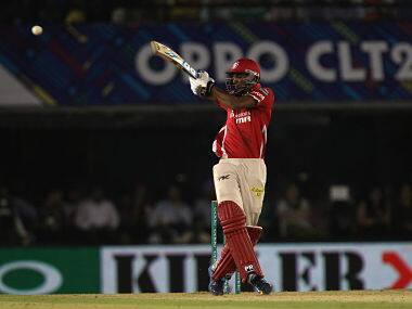 Akshar Patel of the Kings XI Punjab lashes out in the 19th over against Barbados Tridents. BCCI 