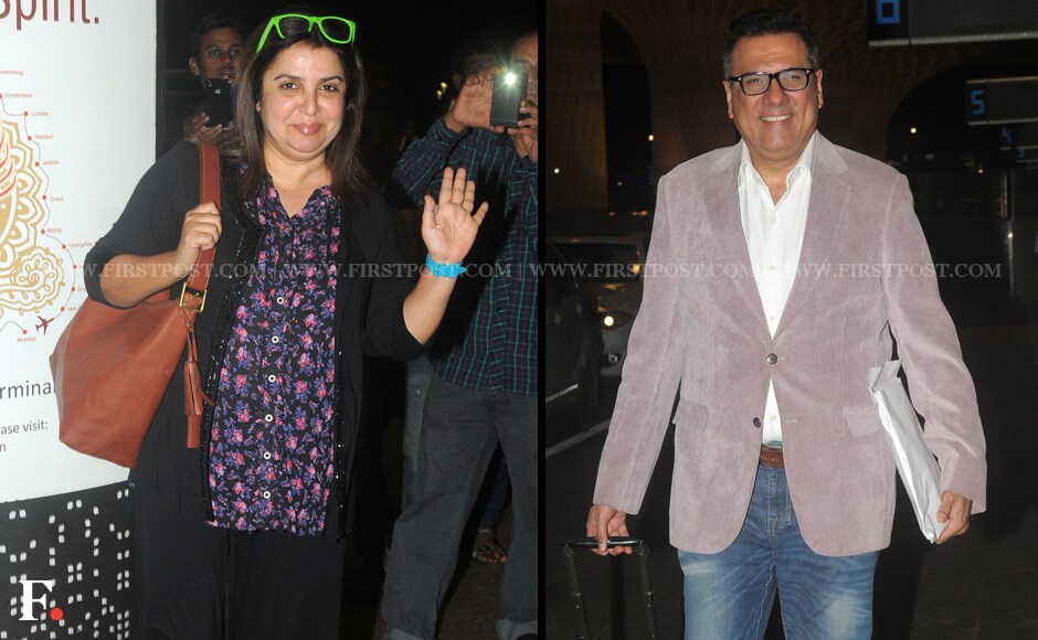 Director of 'Happy New Year' Farah Khan and cast member Boman Irani looked cheerful despite the early hour. Farah's green-framed sunglasses certainly reflect her mood. Sachin Gokhale/Firstpost Director of 'Happy New Year' Farah Khan and cast member Boman Irani looked cheerful despite the early hour. Farah's green-framed sunglasses certainly reflect her mood. Sachin Gokhale/Firstpost