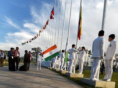 Flag hoisting ceremony of 17th Asian Games in Incheon, South Korea on Thursday. PTI 