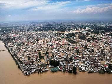 An aerial view of the inundated areas in Kashmir. PTI