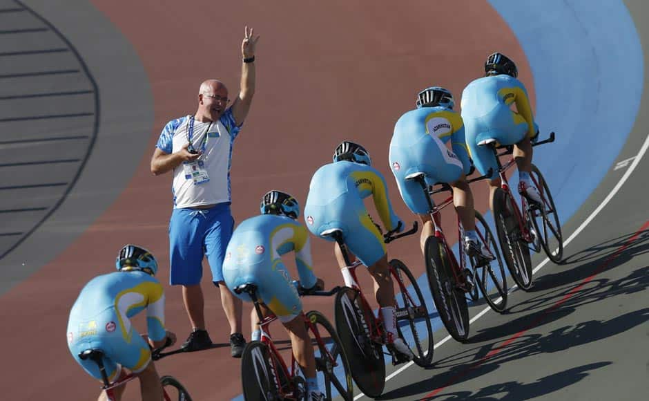 The Khazakstan coach trains his track cyclists at the Incheon International Velodrome ahead of the 17th Asian Games September 18, 2014. Reuters