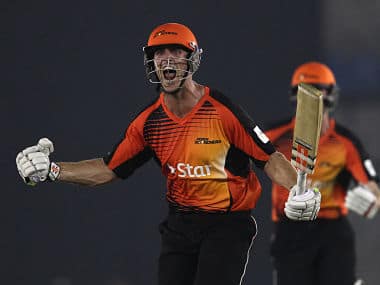Mitchell Marsh of the Perth Scorchers celebrates after hitting a six off the final ball to beat Dolphins. BCCI
